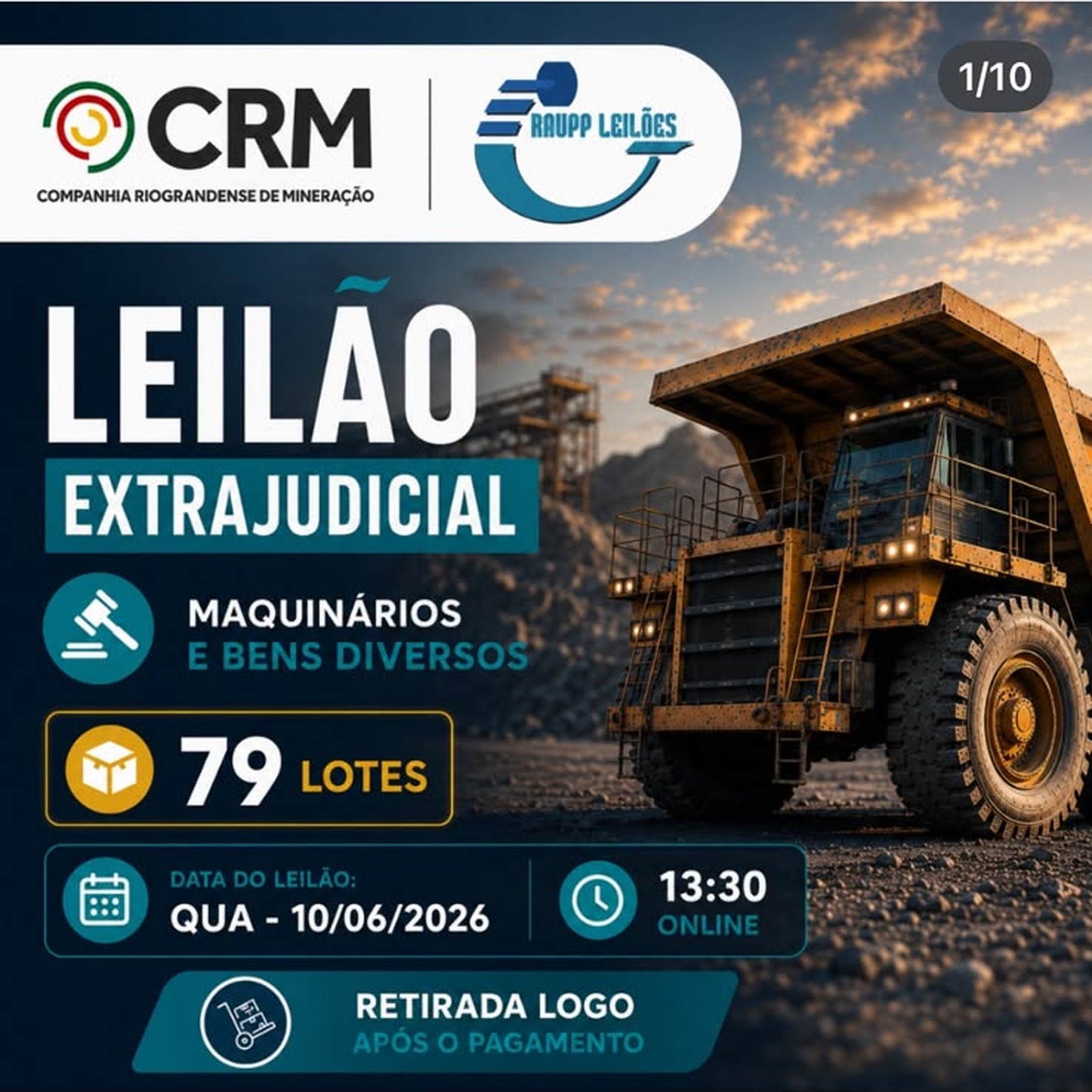 Publicação no Instagram: Leilão extrajudicial · Companhia Riograndense de Mineração (CRM)